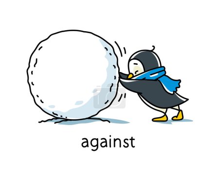 Illustration for Penguin against the snowball. Preposition of movements and place for learning English. Children vector cartoon of funny animal with description. Isolated illustration for kids - Royalty Free Image