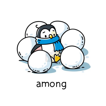 Illustration for Penguin sitting among snowballs. Preposition of movements and place for learning English. Children vector cartoon of funny animal with description. Isolated illustration for kids - Royalty Free Image