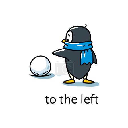 Illustration for Penguin and snowball on the left. Preposition of movements and place for learning English. Children vector cartoon of funny animal with description. Isolated illustration for kids - Royalty Free Image