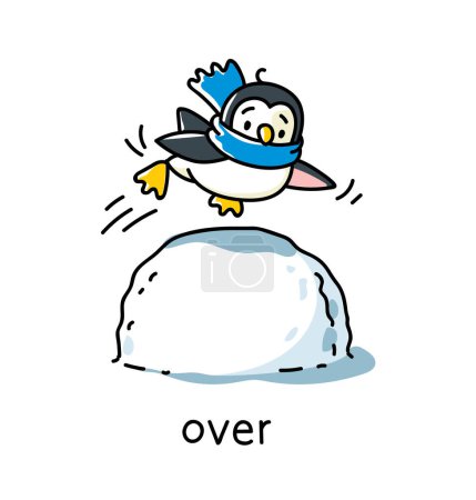 Foto de El pingüino salta sobre una bola de nieve. Preposición de movimientos y lugar para aprender inglés. Niños vector de dibujos animados de animales divertidos con descripción. Ilustración aislada para niños - Imagen libre de derechos