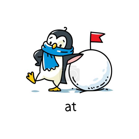 Illustration for Penguin at the snowball. Preposition of movements and place for learning English. Children vector cartoon of funny animal with description. Isolated illustration for kids - Royalty Free Image