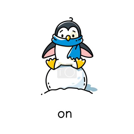 Foto de Pingüino en la bola de nieve. Preposición de movimientos y lugar para aprender inglés. Niños vector de dibujos animados de animales divertidos con descripción. Ilustración aislada para niños - Imagen libre de derechos