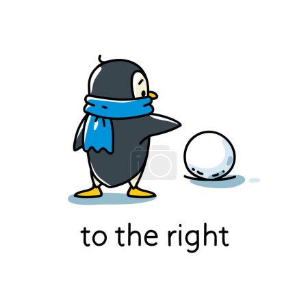 Foto de Pingüino y bola de nieve a la derecha. Preposición de movimientos y lugar para aprender inglés. Niños vector de dibujos animados de animales divertidos con descripción. Ilustración aislada para niños - Imagen libre de derechos