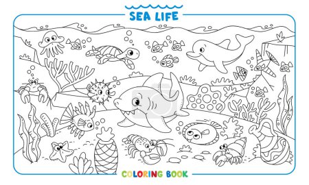 Téléchargez les illustrations : La vie marine. Grand livre de coloriage serti de joyeux petits animaux marins amusants sous l'eau, sur le fond marin. Illustration vectorielle pour enfants. Coloriage - en licence libre de droit
