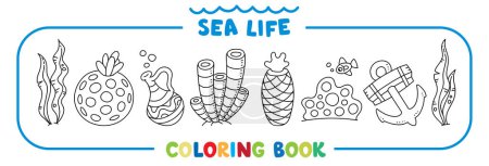 Téléchargez les illustrations : La vie marine. Grand livre de coloriage avec des coraux sous l'eau, sur le fond marin. Illustration vectorielle pour enfants. Coloriage - en licence libre de droit