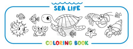 Téléchargez les illustrations : La vie marine. Grand livre de coloriage serti de joyeux petits animaux marins amusants sous l'eau, sur le fond marin. Illustration vectorielle pour enfants. Coloriage - en licence libre de droit