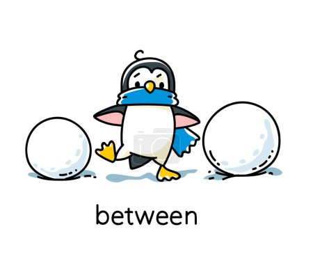 Penguin goes between snowballs. Preposition of movements and place for learning English. Children vector cartoon of funny animal with description. Isolated illustration for kids