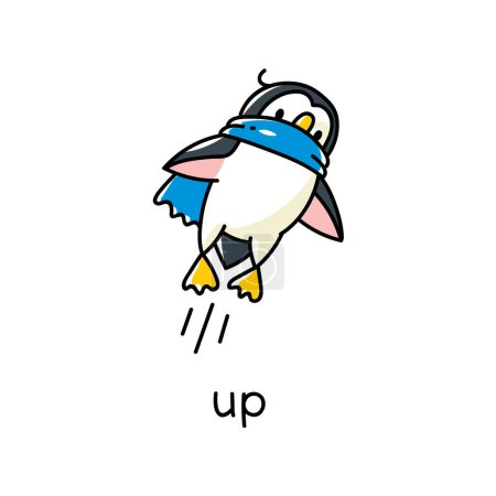 The penguin is flying up. Preposition of movements and place for learning English. Children vector cartoon of funny animal with description. Isolated illustration for kids