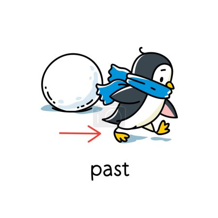 Foto de El pingüino pasa junto a una bola de nieve. Preposición de movimientos y lugar para aprender inglés. Niños vector de dibujos animados de animales divertidos con descripción. Ilustración aislada para niños - Imagen libre de derechos