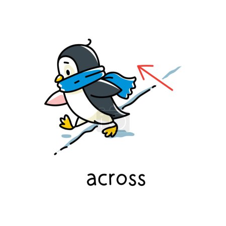 Foto de Pingüino camina a través de una grieta en el hielo. Preposición de movimientos y lugar para aprender inglés. Niños vector de dibujos animados de animales divertidos con descripción. Ilustración de niños aislados - Imagen libre de derechos