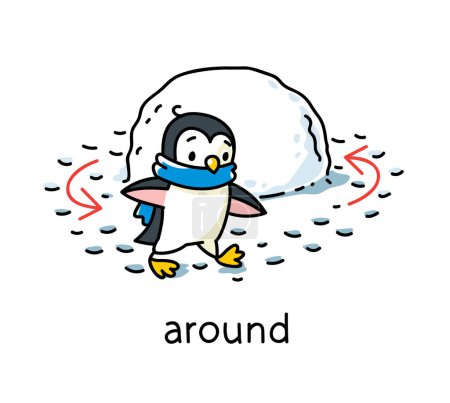 Illustration for Penguin walk around the snowdrift. Preposition of movements and place for learning English. Children vector cartoon of funny animal with description. Isolated illustration for kids - Royalty Free Image