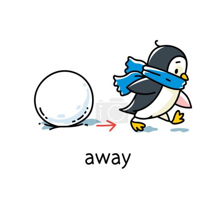 Foto de El pingüino se aleja de la bola de nieve. Preposición de movimientos y lugar para aprender inglés. Niños vector de dibujos animados de animales divertidos con descripción. Ilustración de niños aislados - Imagen libre de derechos