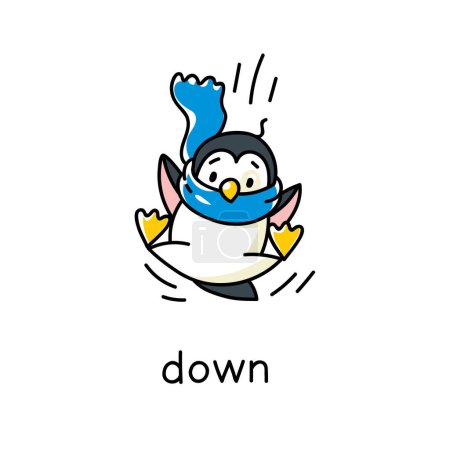 Foto de El pingüino se cae. Preposición de movimientos y lugar para aprender inglés. Niños vector de dibujos animados de animales divertidos con descripción. Ilustración aislada para niños - Imagen libre de derechos