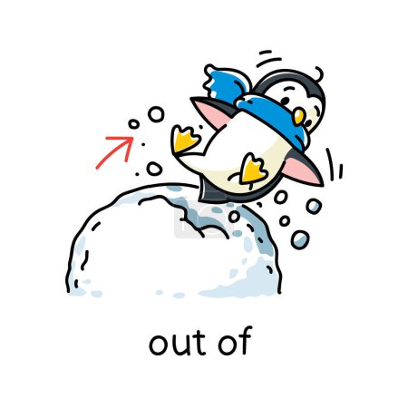 Illustration for Penguin falls out of a snowball. Preposition of movements and place for learning English. Children vector cartoon of funny animal with description. Isolated illustration for kids - Royalty Free Image