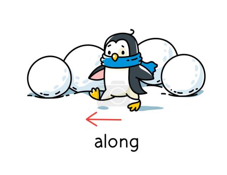 Foto de El pingüino camina por las bolas de nieve. Preposición de movimientos y lugar para aprender inglés. Niños vector de dibujos animados de animales divertidos con descripción. Ilustración aislada para niños - Imagen libre de derechos