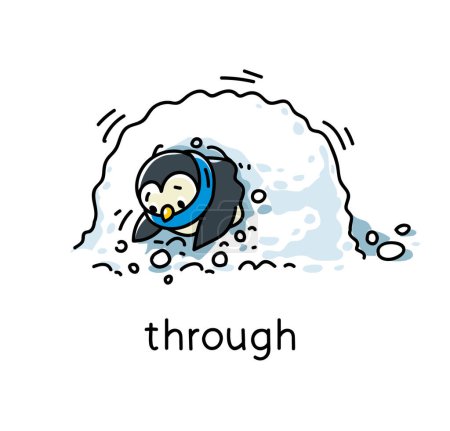 Foto de Pingüino hace su camino a través de una deriva de nieve. Preposición de movimientos y lugar para aprender inglés. Niños vector de dibujos animados de pájaro divertido y descripción Ilustración aislada para niños - Imagen libre de derechos
