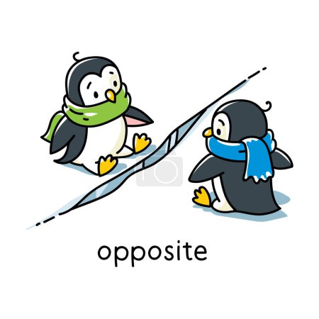 Illustration for Penguins are sitting opposite each other. Preposition of movements and place for learning English. Children vector cartoon of funny animal with description. Illustration for kids - Royalty Free Image