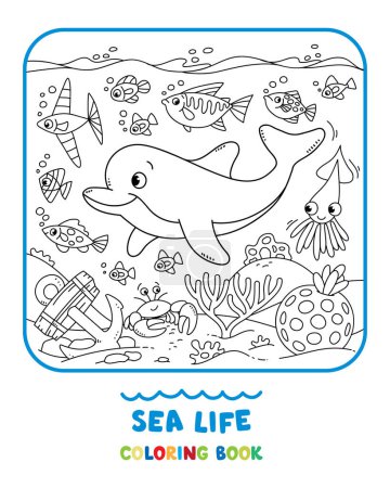 Téléchargez les illustrations : La vie marine. Livre à colorier avec joyeux dauphin drôle et les animaux de mer sous l'eau, sur le fond marin. Illustration vectorielle pour enfants. Coloriage - en licence libre de droit