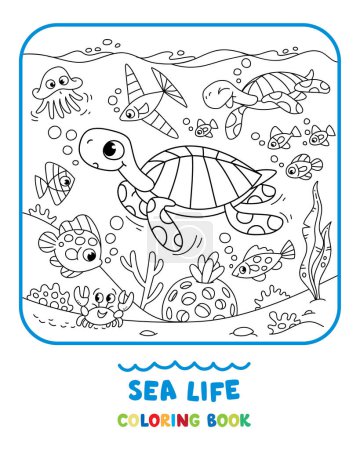 Téléchargez les illustrations : La vie marine. Livre à colorier avec des tortues drôles et des animaux marins sous l'eau, sur le fond marin. Illustration vectorielle pour enfants. Coloriage - en licence libre de droit