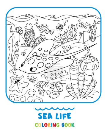 Téléchargez les illustrations : La vie marine. Livre à colorier avec de drôles d'animaux marins raies sous l'eau, sur le fond marin. Illustration vectorielle pour enfants. Coloriage - en licence libre de droit