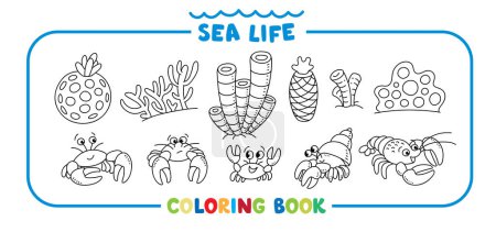 Téléchargez les illustrations : La vie marine. Grand livre à colorier serti de joyeux petits animaux marins et de coraux sous l'eau, sur le fond marin. Illustration vectorielle pour enfants. Coloriage - en licence libre de droit