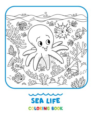 Sea life. Coloring book with cheerful funny small octopus and sea animals under the water, on the seabed. Kids vector illustration. Coloring page
