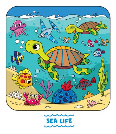 Téléchargez les illustrations : La vie marine. Drôle de tortue et d'animaux marins sous l'eau, près du fond marin. Illustration vectorielle enfants. - en licence libre de droit