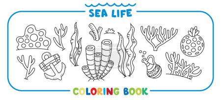 Foto de Vida marina. Gran libro para colorear con corales bajo el agua, en el fondo del mar. Ilustración vectorial niños. Página para colorear - Imagen libre de derechos