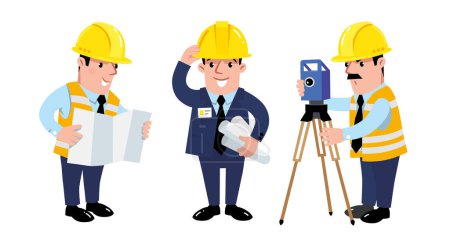 Illustration for Funny construction geodesist, inventor or engineer with blueprint and architect . Cartoon characters. A men in protective helmet, dark blue suit and vest. Vector illustraton - Royalty Free Image
