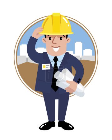 Illustration for Funny construction worker, engineer or architect holding projects blueprints. Cartoon character. A man in protective helmet and dark blue suit with drawings. Vector illustraton. Emblem - Royalty Free Image