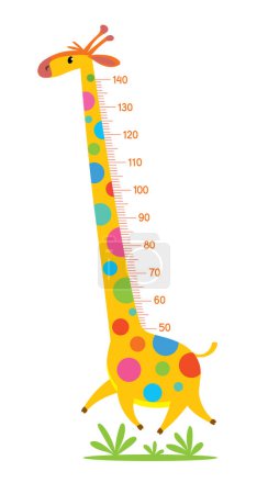 Illustration for Cheerful funny giraffe with long neck. Height meter or meterwall or wall sticker. Childrens vector illustration with scale from 50 to 140 centimeter to measure growth - Royalty Free Image