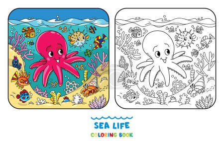 Vida marina. Libro para colorear con divertido pulpo alegre y pequeños animales marinos bajo el agua, en el fondo del mar. Ilustración vectorial niños. Página para colorear