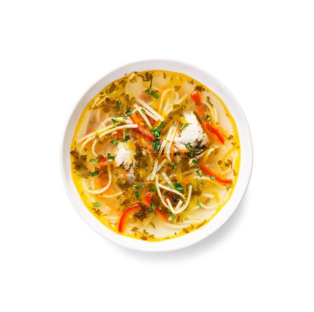 Foto de Traditional Moldavian chicken soup with homemade pasta. isolated on white background, top view - Imagen libre de derechos