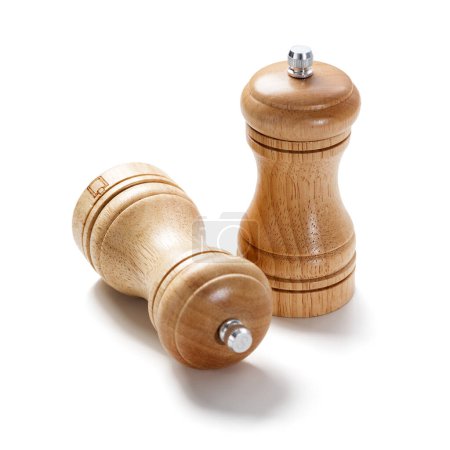 Photo for Wooden salt shaker and pepper mill isolated on white - Royalty Free Image