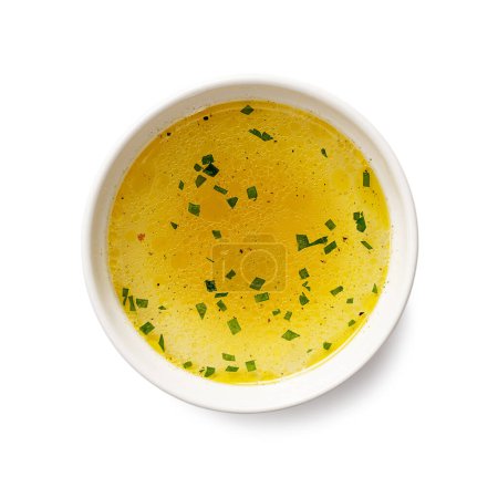 Photo for Chicken broth, stock or bouillon with vegetables isolated on white background, top view - Royalty Free Image