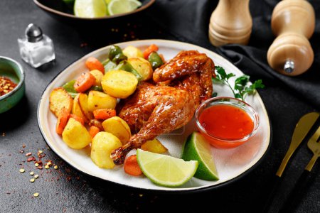 Photo for Air fryer chicken with crispy vegetable and different sauces on black background. - Royalty Free Image