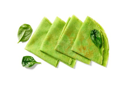 Photo for Fresh prepared delicious green spinach crepes isolated on white background, top view - Royalty Free Image