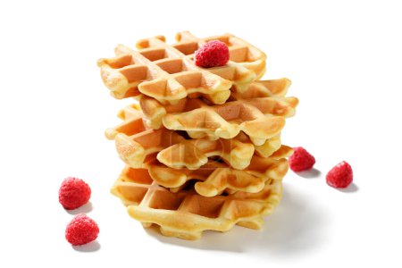 Photo for Freshly baked belgian waffle with fresh raspberry  isolated on white background - Royalty Free Image