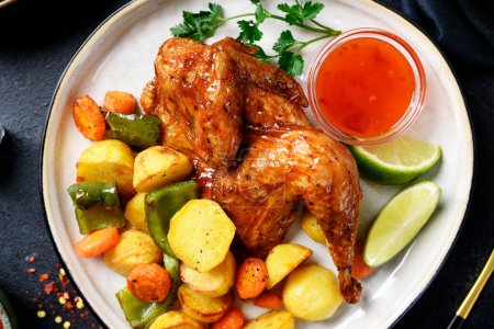 Photo for Air fryer chicken with crispy vegetable and different sauces on black background. top view - Royalty Free Image