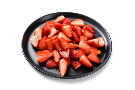 Photo for Cut strawberry pieces isolated on white background . Chopped strawberry close up. - Royalty Free Image
