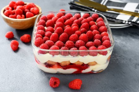 Téléchargez les photos : Dessert tiramisu d'été avec framboise fraîche et fromage mascarpone. - en image libre de droit