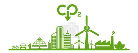 Téléchargez les illustrations : Réduire les émissions de CO2 pour arrêter le changement climatique. fond d'énergie verte - en licence libre de droit