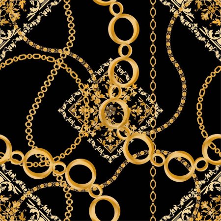 Nahtloses Muster mit Edelsteinen, Goldketten und Perlen.
