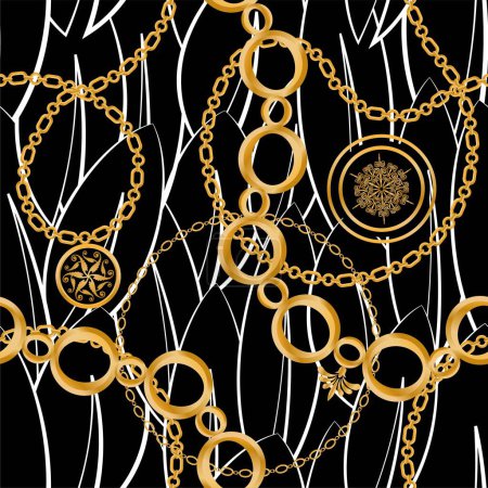 Nahtloses Muster mit Edelsteinen, Goldketten und Perlen.