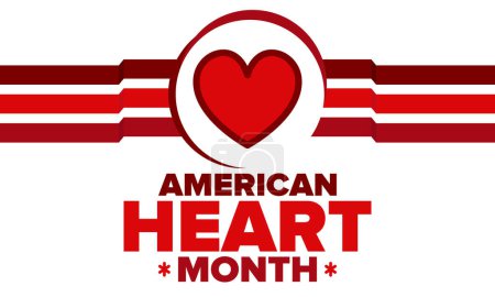 Téléchargez les illustrations : American Heart Month aux États-Unis. Célébrez chaque année en février. Problème national des maladies du cœur et des vaisseaux sanguins. Concept de soins médicaux. Campagne de soutien et de protection. Affiche vectorielle - en licence libre de droit