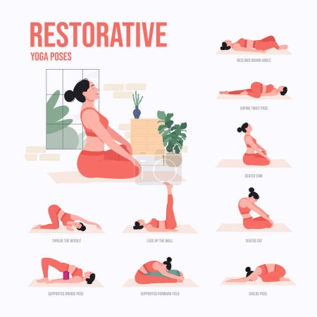 Ilustración de El Yoga Restaurativo posa. Mujer joven practicando Yoga pose. Entrenamiento de mujer fitness, aeróbico y ejercicios - Imagen libre de derechos