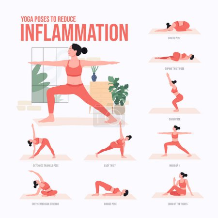 Illustration for Yoga poses to reduce inflammation. Young woman practicing Yoga pose. Woman workout fitness, aerobic and exercises. - Royalty Free Image