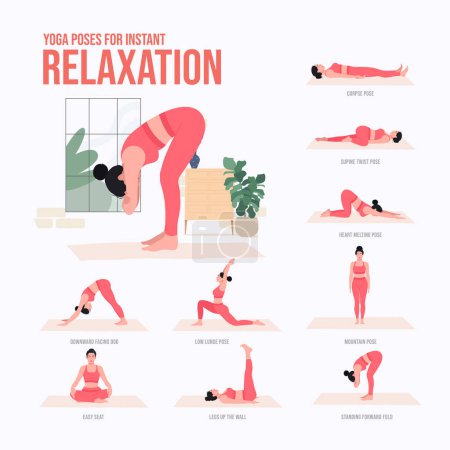 Illustration for Woman illustration practicing yoga, for instant relaxation - Royalty Free Image