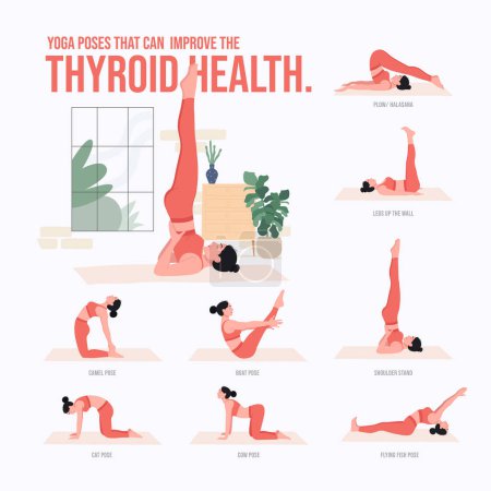 Téléchargez les illustrations : Illustration de femme pratiquant le yoga, Améliorer la santé de la thyroïde - en licence libre de droit