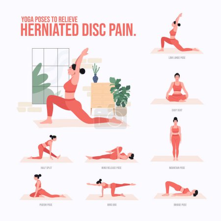 Téléchargez les illustrations : Illustration de femme pratiquant le yoga, soulager la douleur de disque hernie - en licence libre de droit